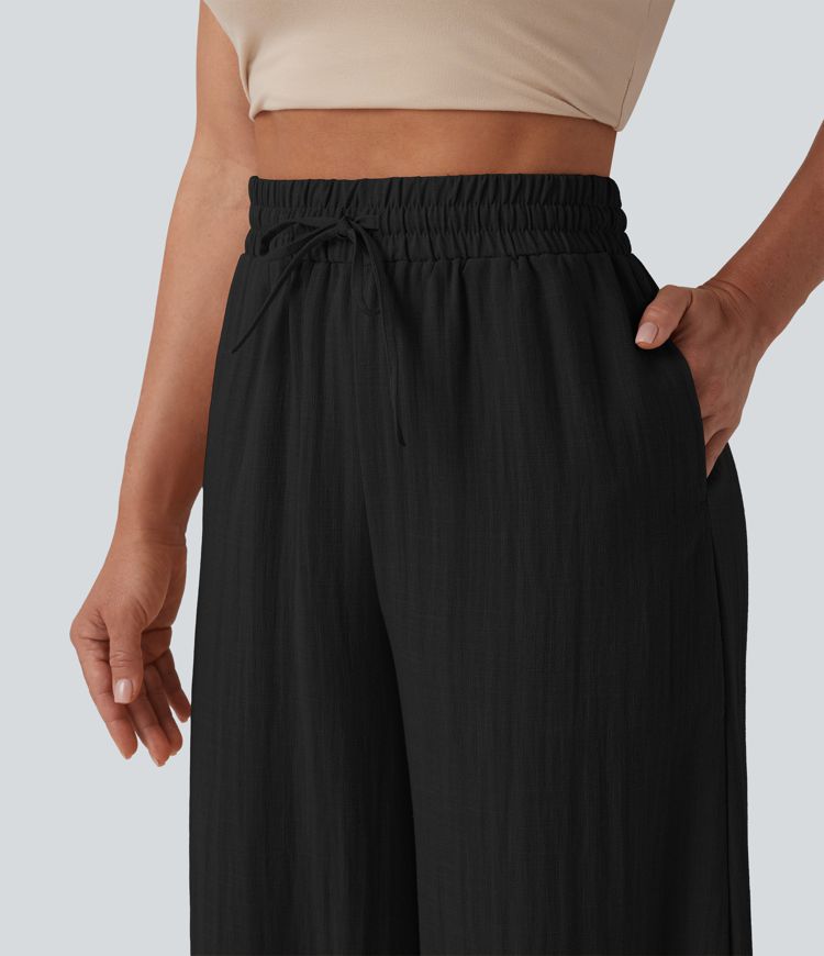 High Waisted Drawstring Barrel Leg Casual Linen-Feel Pants with Pockets