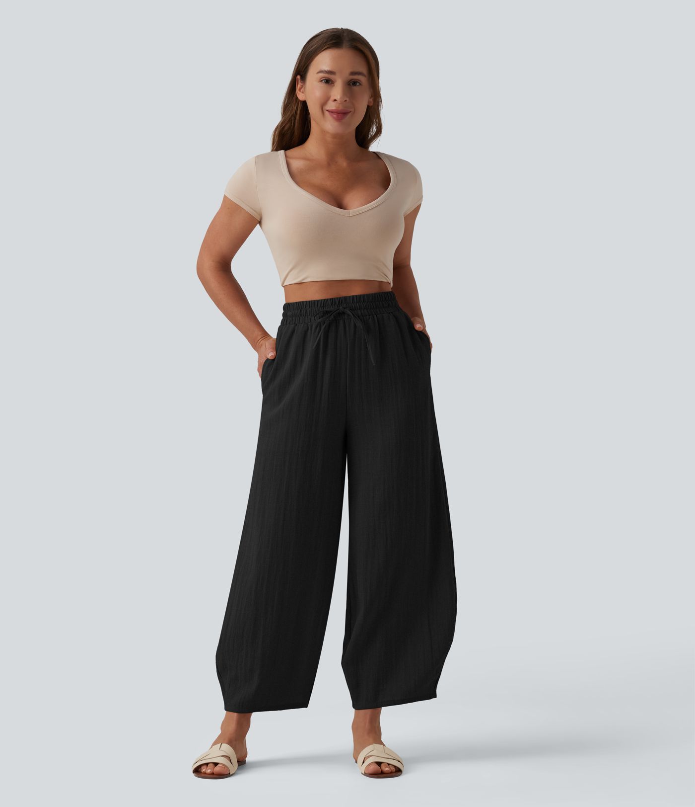 High Waisted Drawstring Barrel Leg Casual Linen-Feel Pants with Pockets