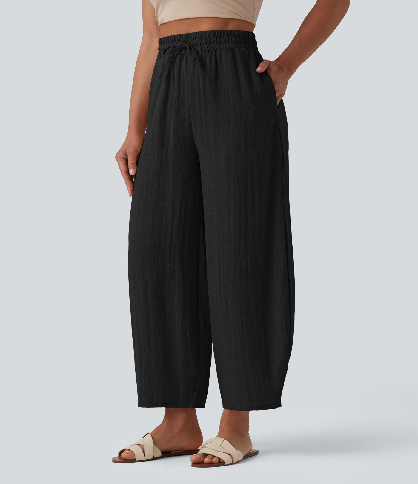 High Waisted Drawstring Barrel Leg Casual Linen-Feel Pants with Pockets