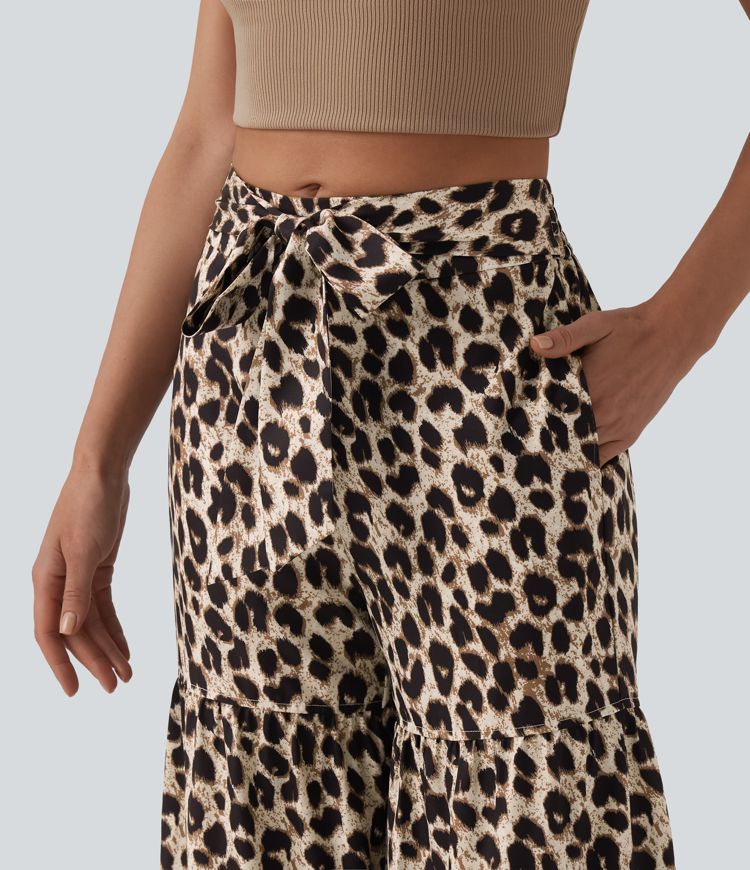 Srednjeg struka široke svakodnevne hlače s leopardovim uzorkom, s vezanjem sprijeda i džepovima
