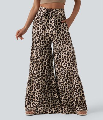 Srednjeg struka široke svakodnevne hlače s leopardovim uzorkom, s vezanjem sprijeda i džepovima