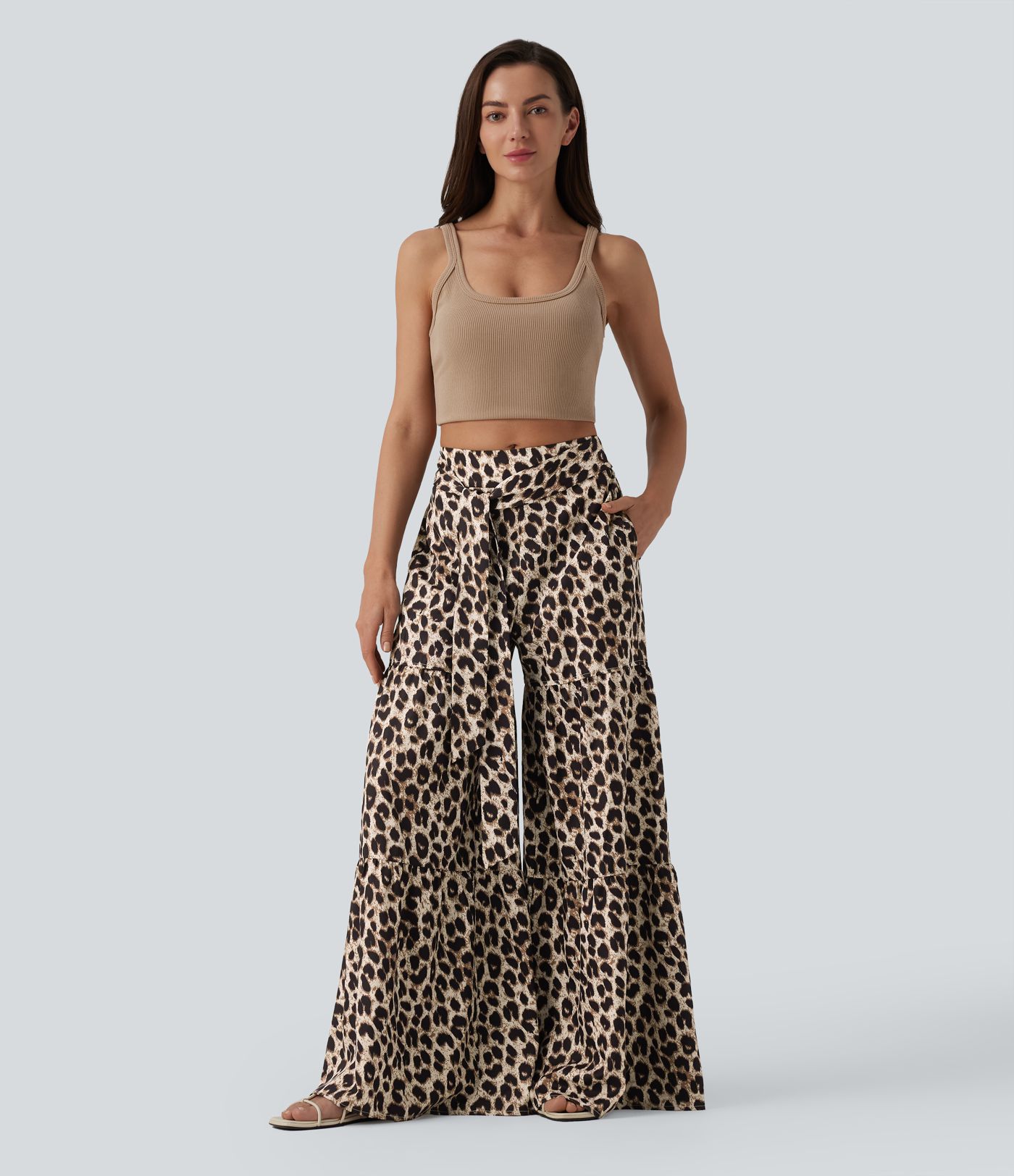 Srednjeg struka široke svakodnevne hlače s leopardovim uzorkom, s vezanjem sprijeda i džepovima