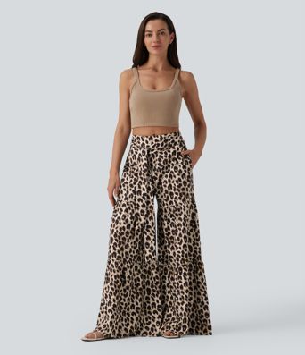 Srednjeg struka široke svakodnevne hlače s leopardovim uzorkom, s vezanjem sprijeda i džepovima