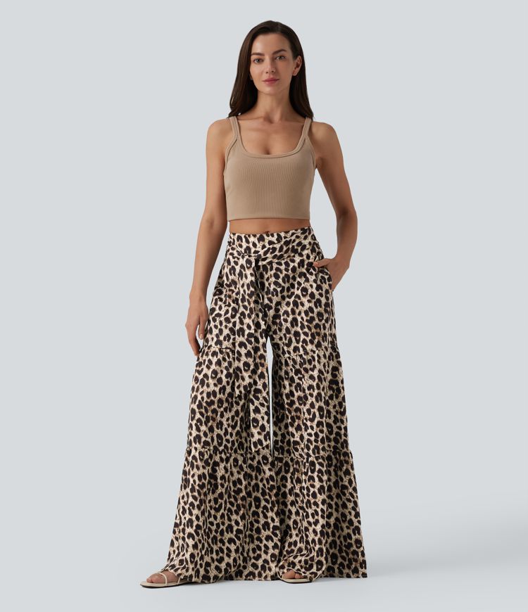 Srednjeg struka široke svakodnevne hlače s leopardovim uzorkom, s vezanjem sprijeda i džepovima