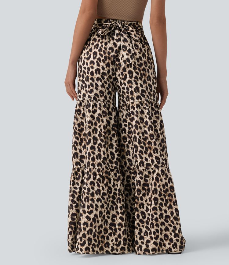 Srednjeg struka široke svakodnevne hlače s leopardovim uzorkom, s vezanjem sprijeda i džepovima