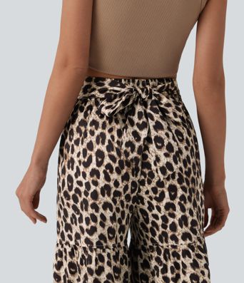 Srednjeg struka široke svakodnevne hlače s leopardovim uzorkom, s vezanjem sprijeda i džepovima