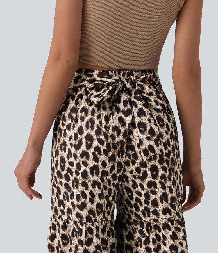 Srednjeg struka široke svakodnevne hlače s leopardovim uzorkom, s vezanjem sprijeda i džepovima