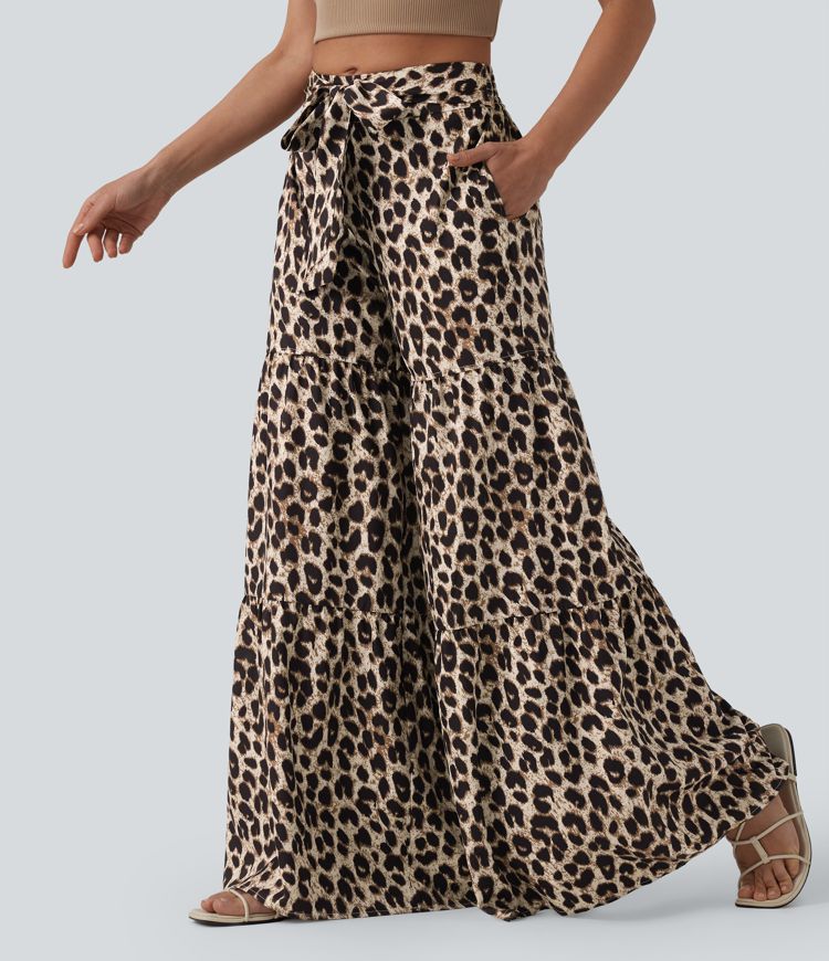 Srednjeg struka široke svakodnevne hlače s leopardovim uzorkom, s vezanjem sprijeda i džepovima