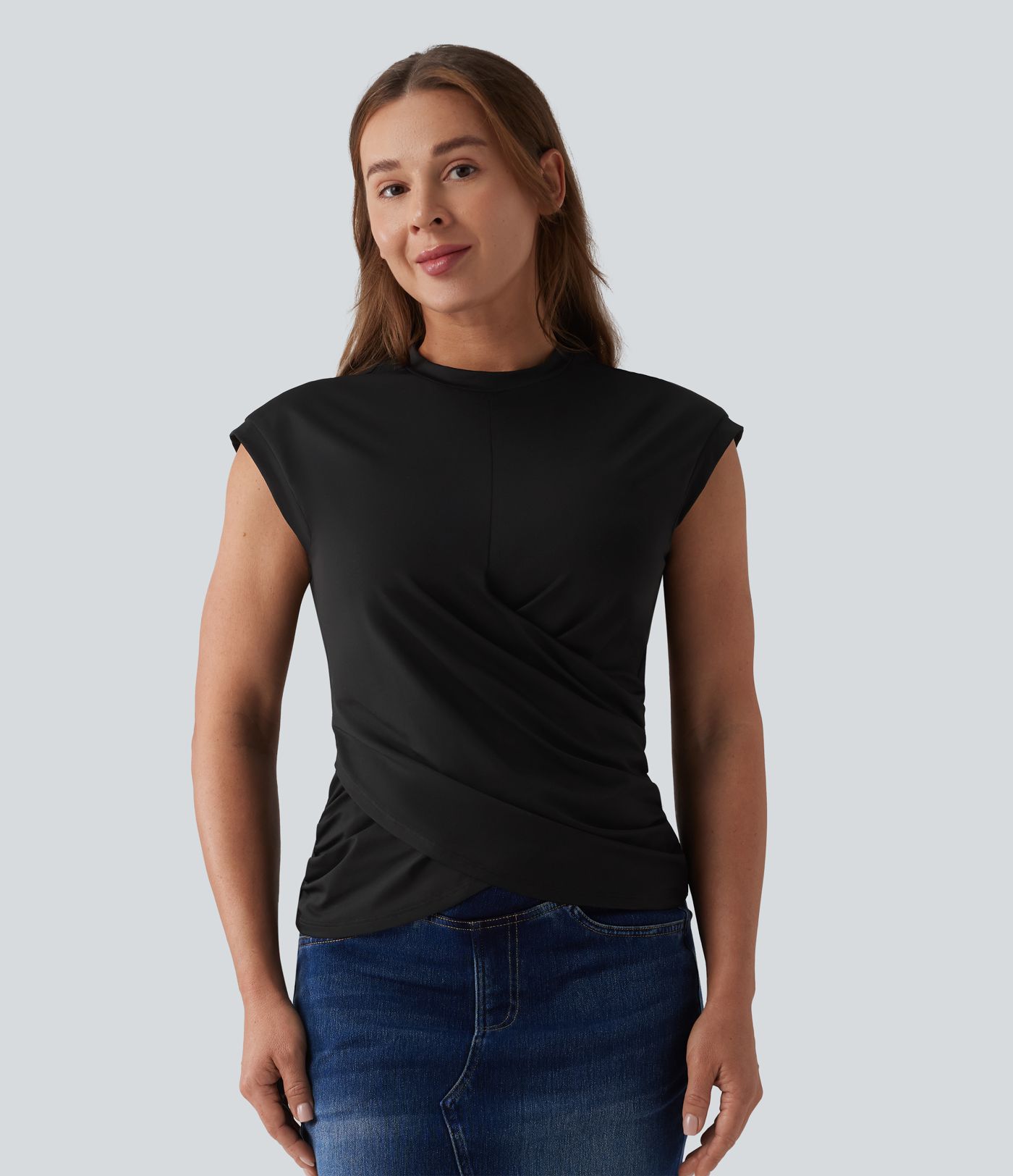 Round Neck Cap Sleeve Crossover Hem Casual Top