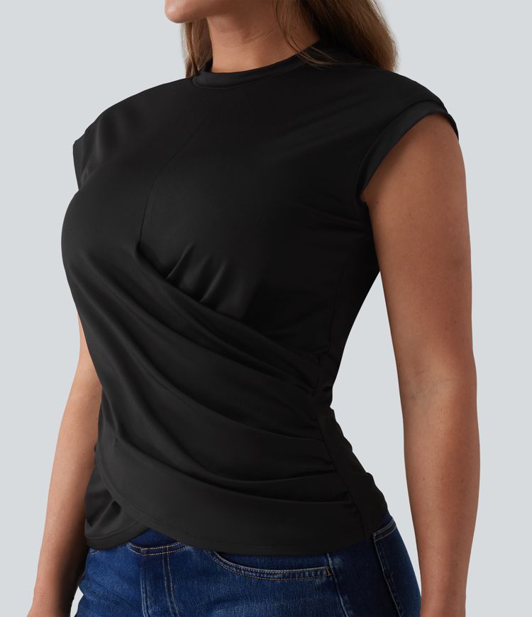 Round Neck Cap Sleeve Crossover Hem Casual Top