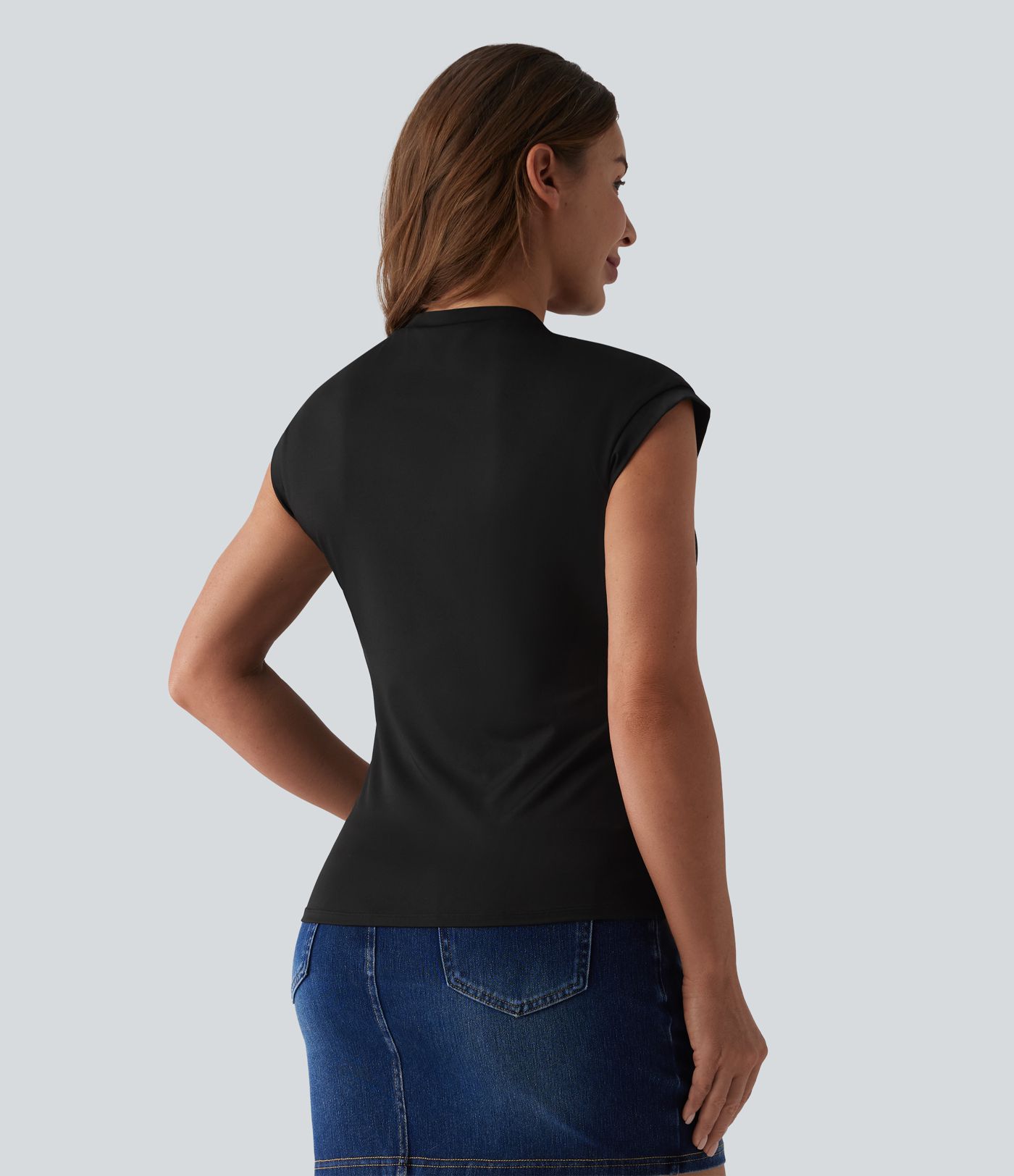 Round Neck Cap Sleeve Crossover Hem Casual Top