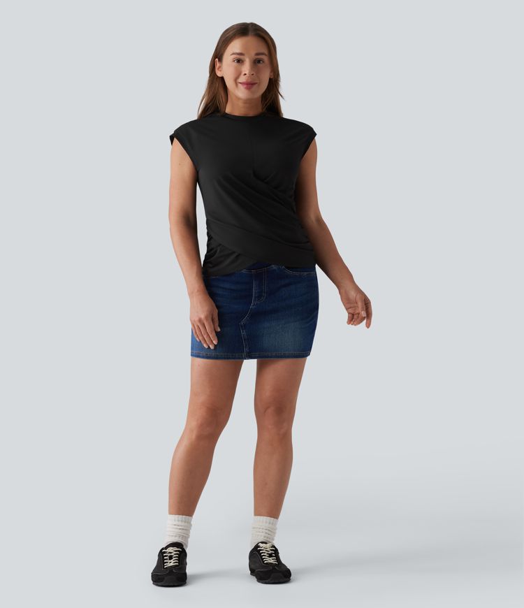 Round Neck Cap Sleeve Crossover Hem Casual Top