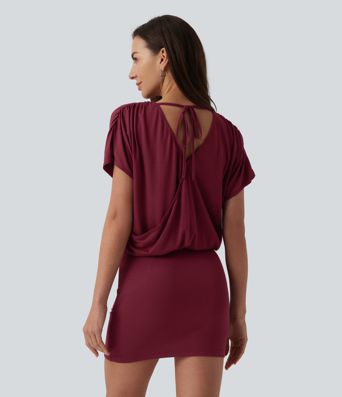 Robe micro mini moulante décontractée col V manches courtes dos noué