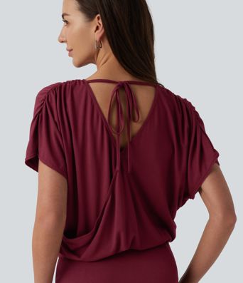 Robe micro mini moulante décontractée col V manches courtes dos noué