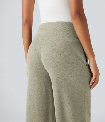 Ribbed Knit High Waisted Tummy Control Drawstring Casual Wide Leg Pants with Pockets