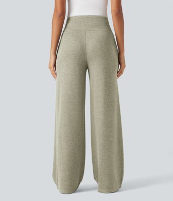 Ribbed Knit High Waisted Tummy Control Drawstring Casual Wide Leg Pants with Pockets