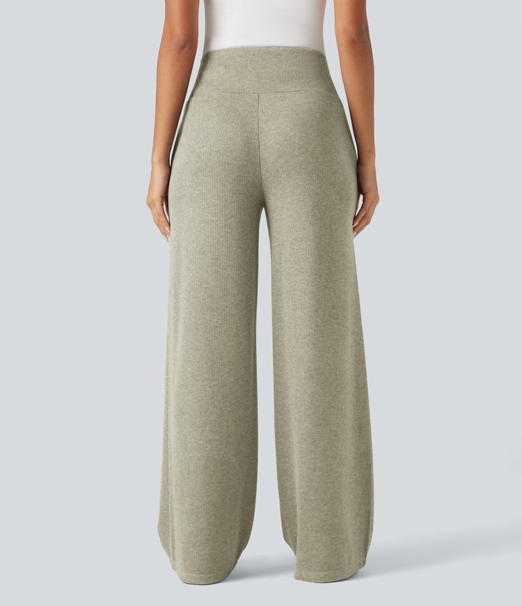 Ribbed Knit High Waisted Tummy Control Drawstring Casual Wide Leg Pants with Pockets
