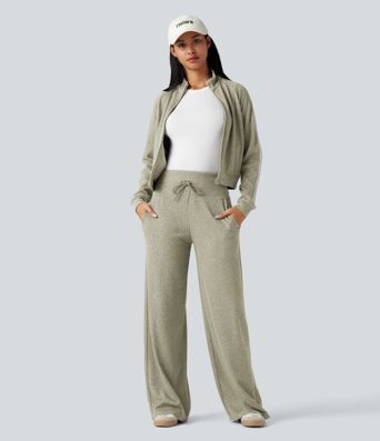 Ribbed Knit High Waisted Tummy Control Drawstring Casual Wide Leg Pants with Pockets