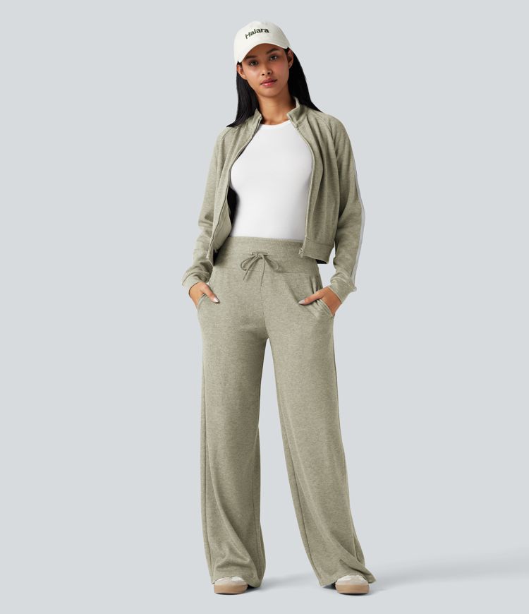 Ribbed Knit High Waisted Tummy Control Drawstring Casual Wide Leg Pants with Pockets