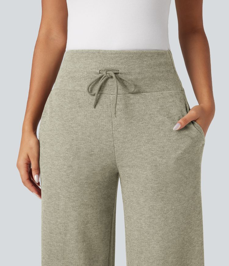 Ribbed Knit High Waisted Tummy Control Drawstring Casual Wide Leg Pants with Pockets
