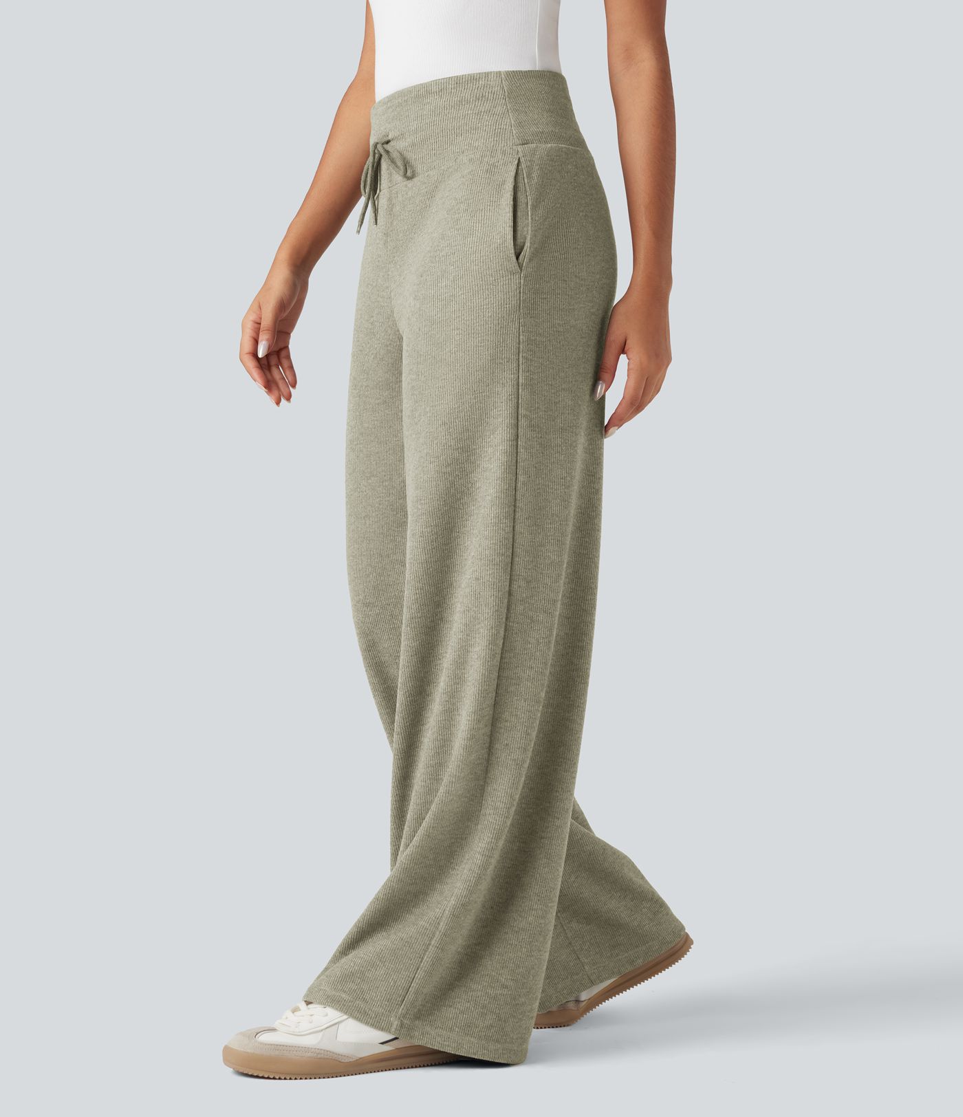 Ribbed Knit High Waisted Tummy Control Drawstring Casual Wide Leg Pants with Pockets
