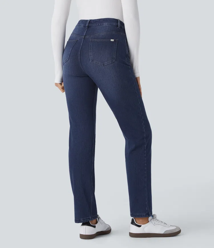 Cloud Stack Blue Denim Halara Flex™ Denim Heat - Washed denim jeans with a high-rise waist, side pockets, and a straight leg / 2