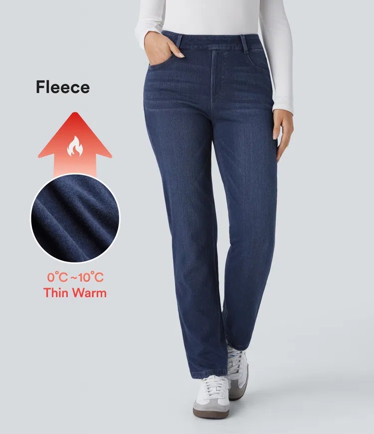 Cloud Stack Blue Denim Halara Flex™ Jeans de tiro alto con bolsillos, de pernera recta, lavados, térmicos y holgados / 1