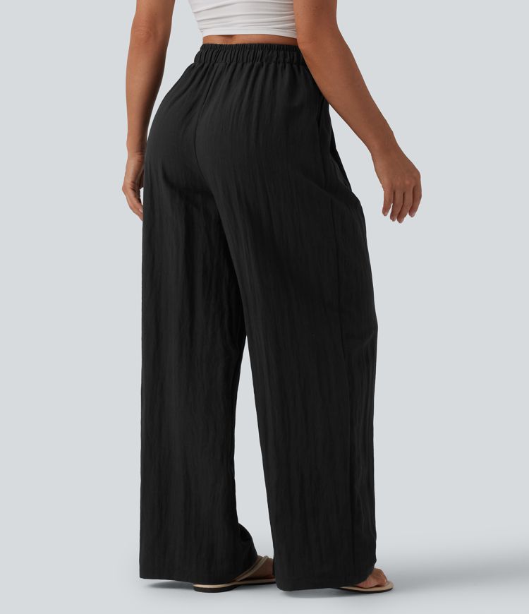 High Waisted Drawstring Linen Casual Baggy Pants with Pockets