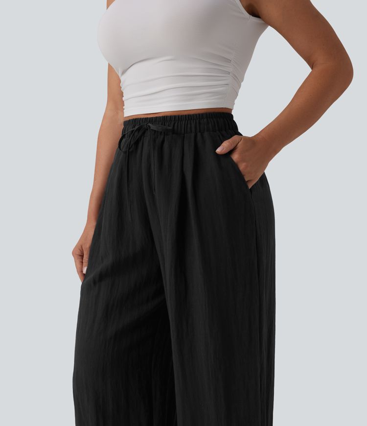 High Waisted Drawstring Linen Casual Baggy Pants with Pockets