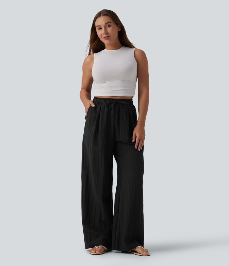 High Waisted Drawstring Linen Casual Baggy Pants with Pockets