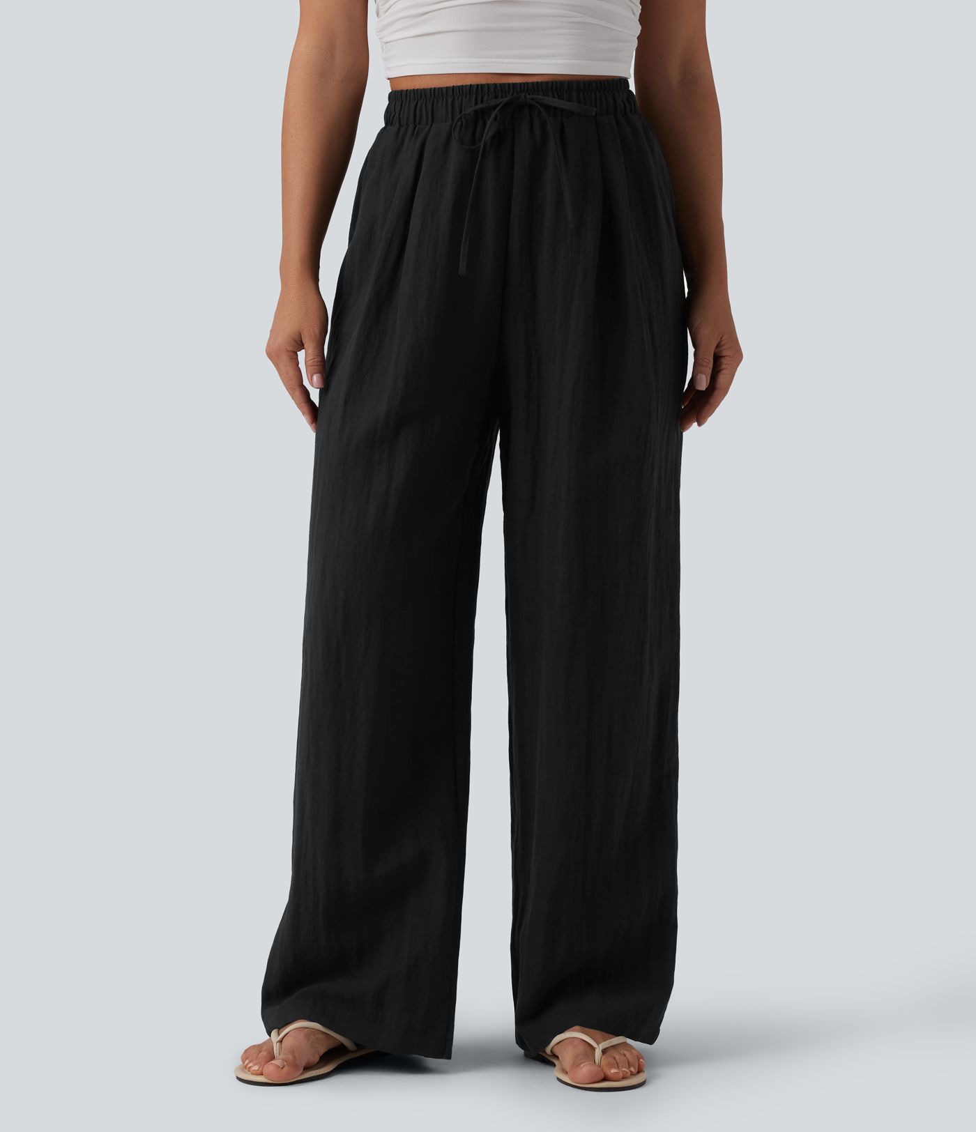 High Waisted Drawstring Linen Casual Baggy Pants with Pockets