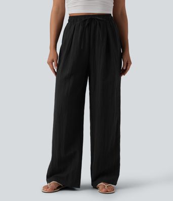 High Waisted Drawstring Linen Casual Baggy Pants with Pockets