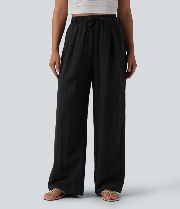 High Waisted Drawstring Linen Casual Baggy Pants with Pockets