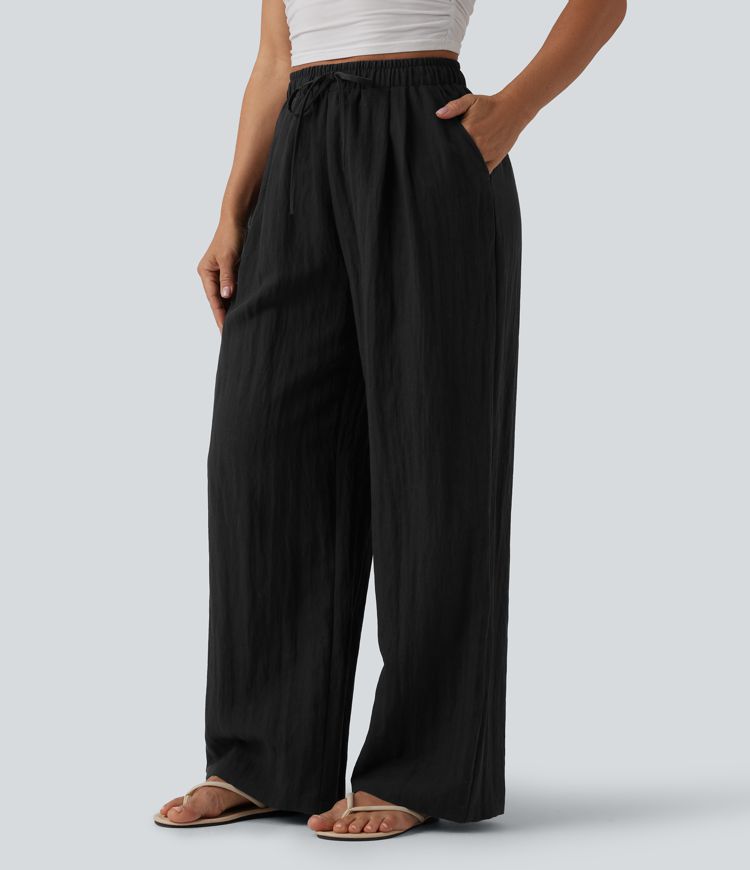 High Waisted Drawstring Linen Casual Baggy Pants with Pockets