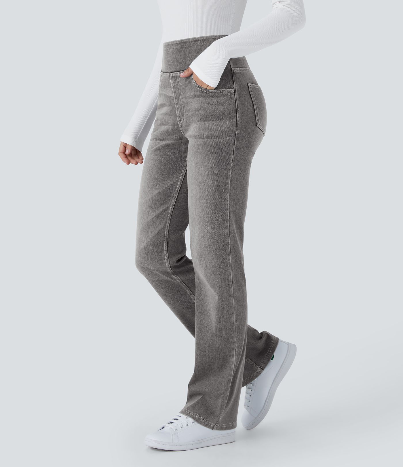 Halara Flex™ High Waist Hose mit Taschen, gewaschene lässige Bootcut-Jeans