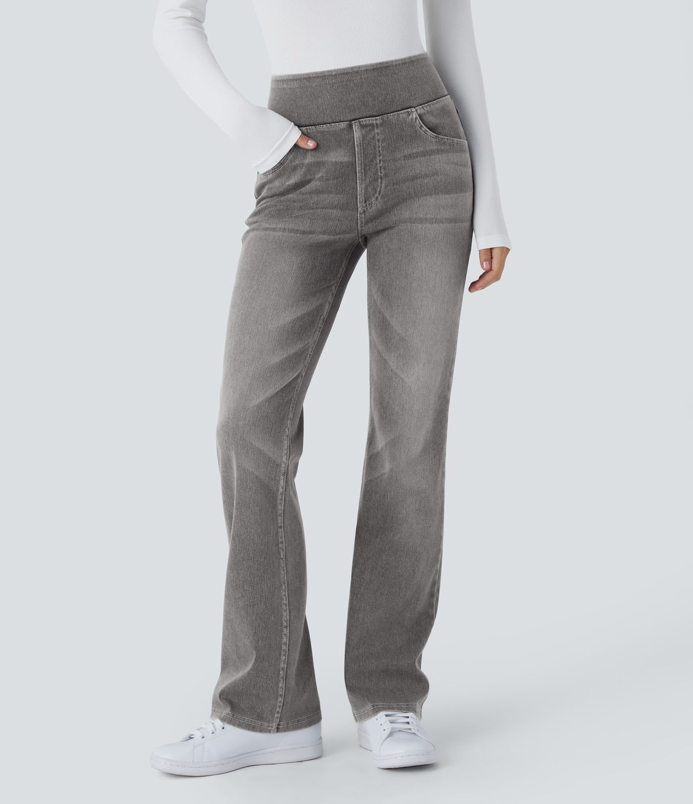 Halara Flex™ High Waist Hose mit Taschen, gewaschene lässige Bootcut-Jeans