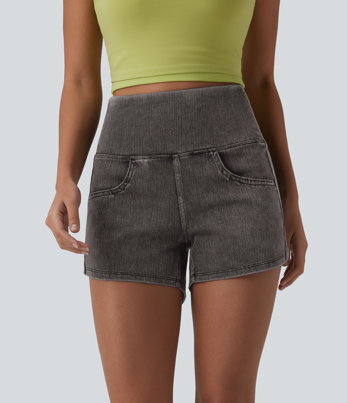 Halara Flex™ Short casual en jean skinny gainant taille haute à ourlet arrondi avec poches