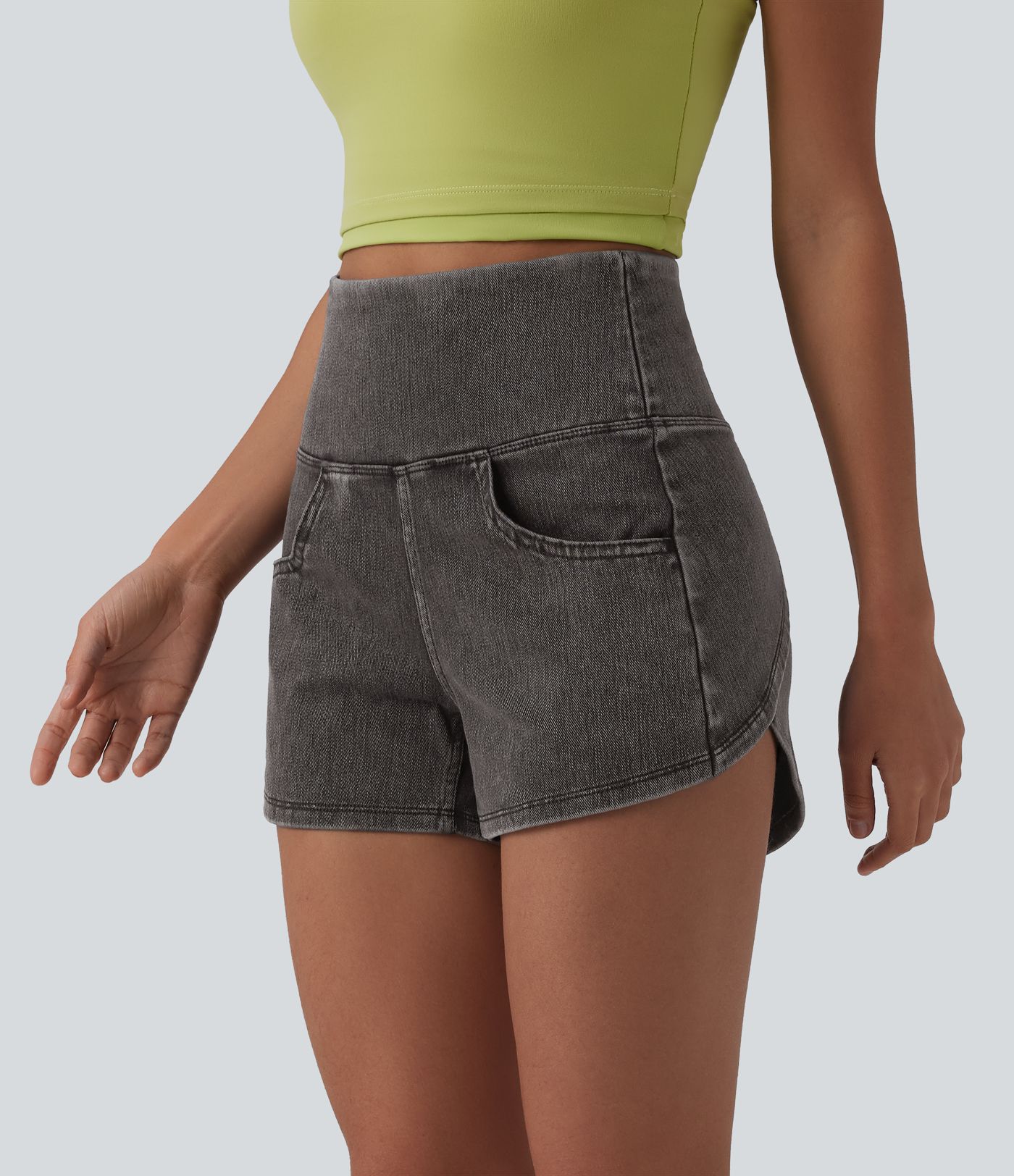 Halara Flex™ Short casual en jean skinny gainant taille haute à ourlet arrondi avec poches
