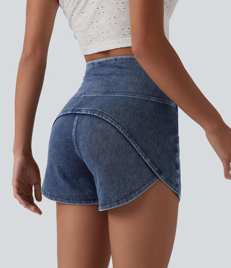 Halara Flex™ High Waisted Tummy Control Curved Hem Skinny Denim Casual Shorts with Pockets