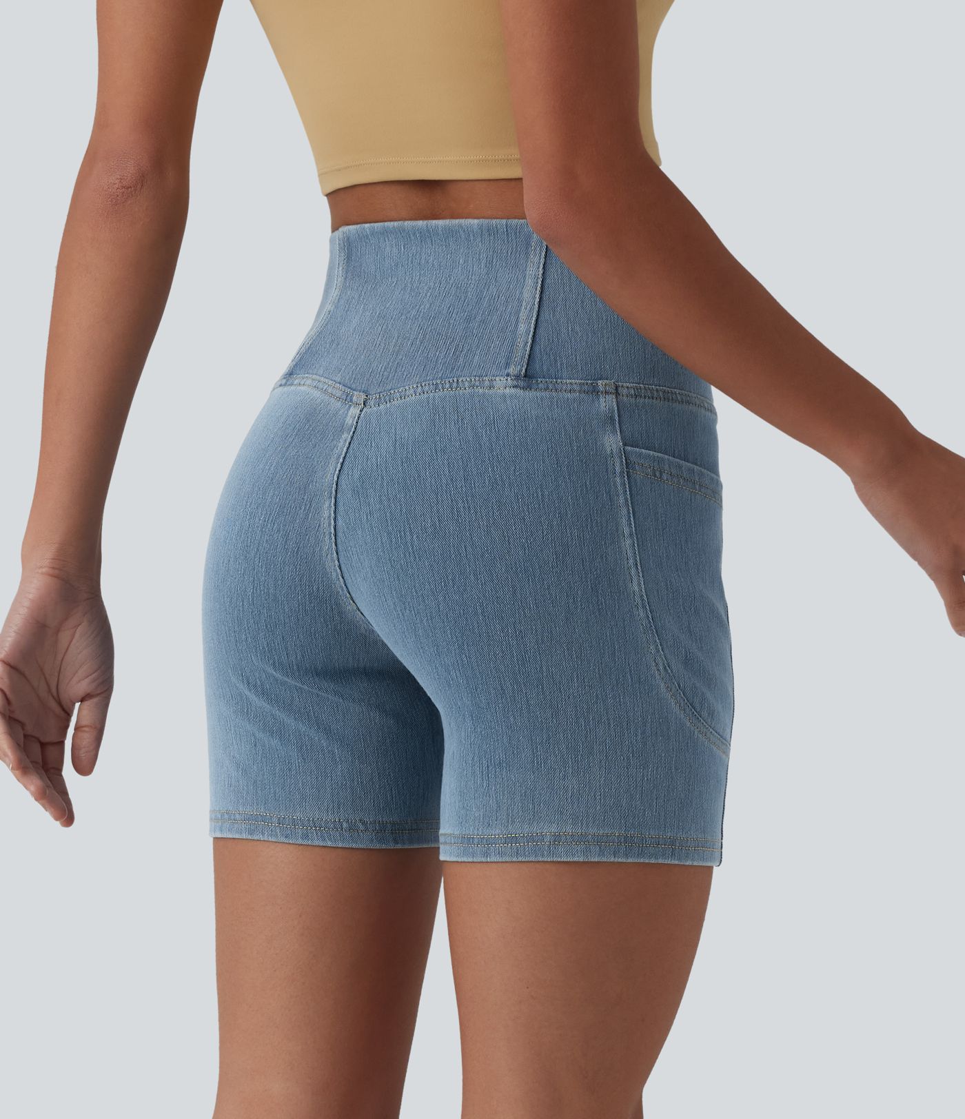 Halara Flex™ - Lässige Skinny-Shorts aus Denim mit hohem Crossover-Bund, Seitentaschen und Bauchkontrolle - 12,7 cm