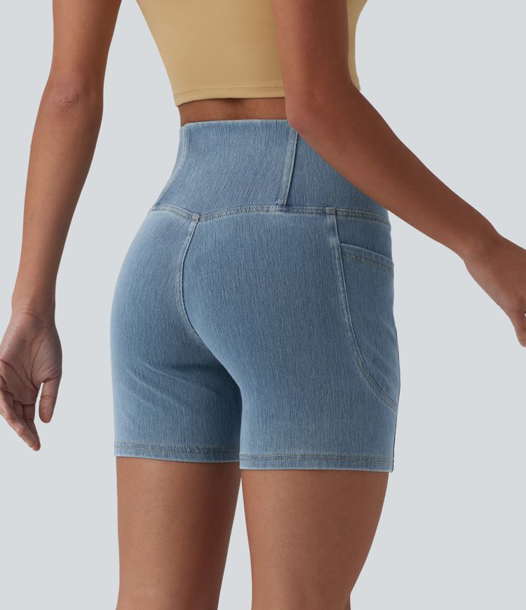 Halara Flex™ - Lässige Skinny-Shorts aus Denim mit hohem Crossover-Bund, Seitentaschen und Bauchkontrolle - 12,7 cm
