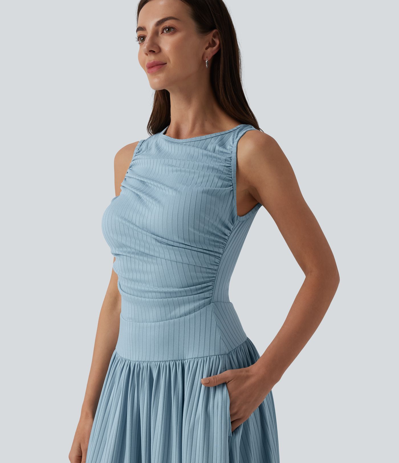 Ribbed Knit Boat Neck Asymmetric Strap Ruched Flowy Maxi Casual Dress with Pockets