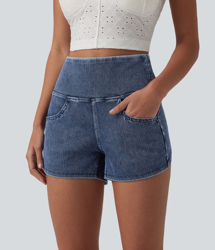 Halara Flex™ High Waisted Tummy Control Curved Hem Skinny Denim Casual Shorts with Pockets