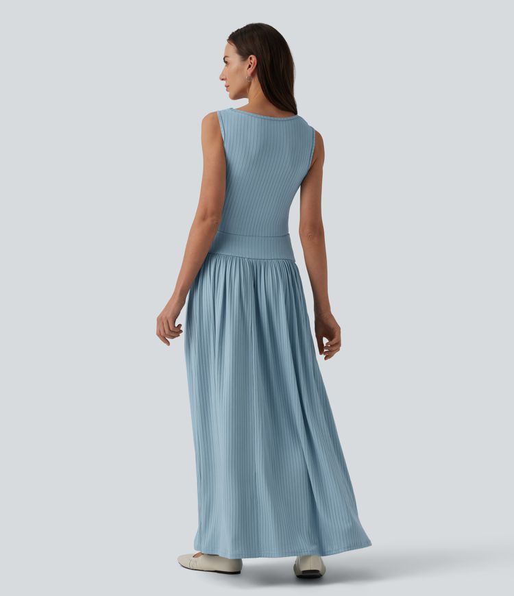 Ribbed Knit Boat Neck Asymmetric Strap Ruched Flowy Maxi Casual Dress with Pockets