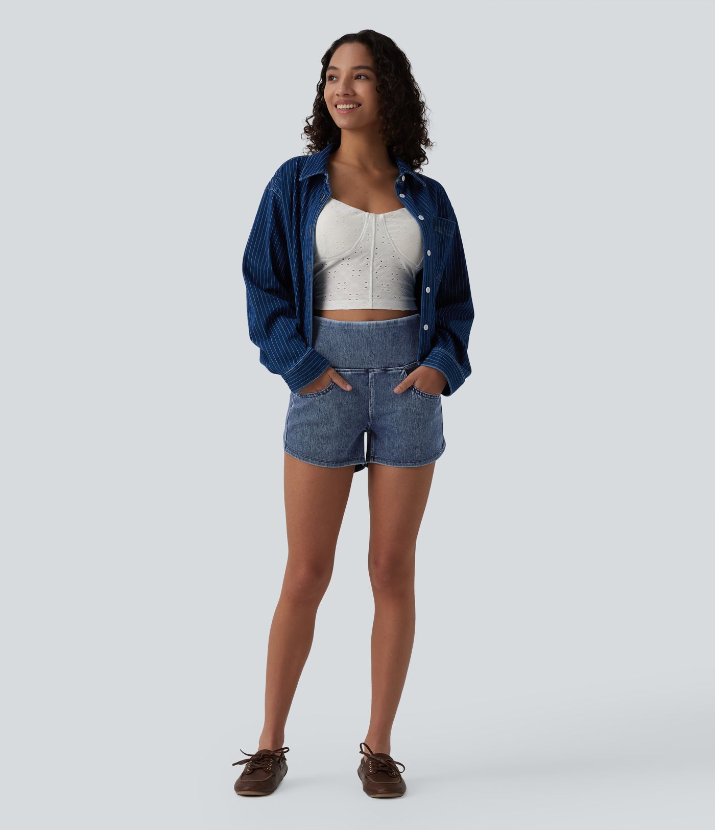 Halara Flex™ High Waisted Tummy Control Curved Hem Skinny Denim Casual Shorts with Pockets
