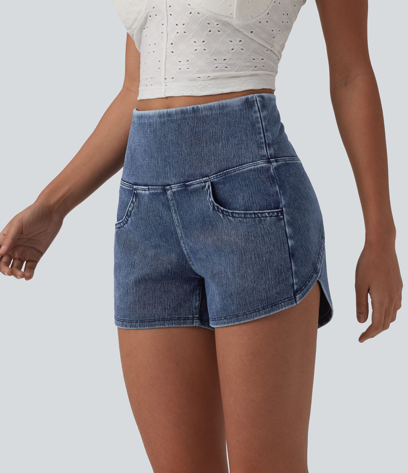 Halara Flex™ High Waisted Tummy Control Curved Hem Skinny Denim Casual Shorts with Pockets