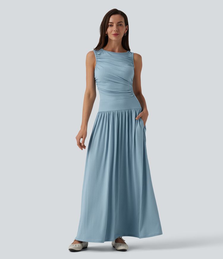 Ribbed Knit Boat Neck Asymmetric Strap Ruched Flowy Maxi Casual Dress with Pockets