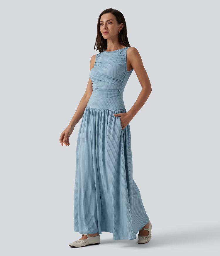 Ribbed Knit Boat Neck Asymmetric Strap Ruched Flowy Maxi Casual Dress with Pockets