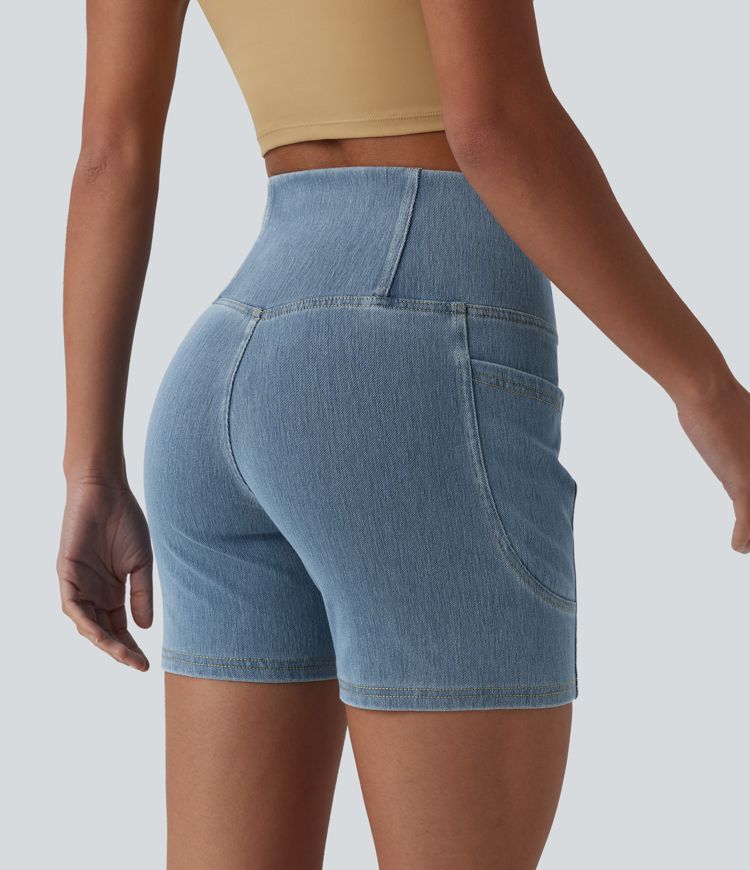 Halara Flex™ - Lässige Skinny-Shorts aus Denim mit hohem Crossover-Bund, Seitentaschen und Bauchkontrolle - 12,7 cm