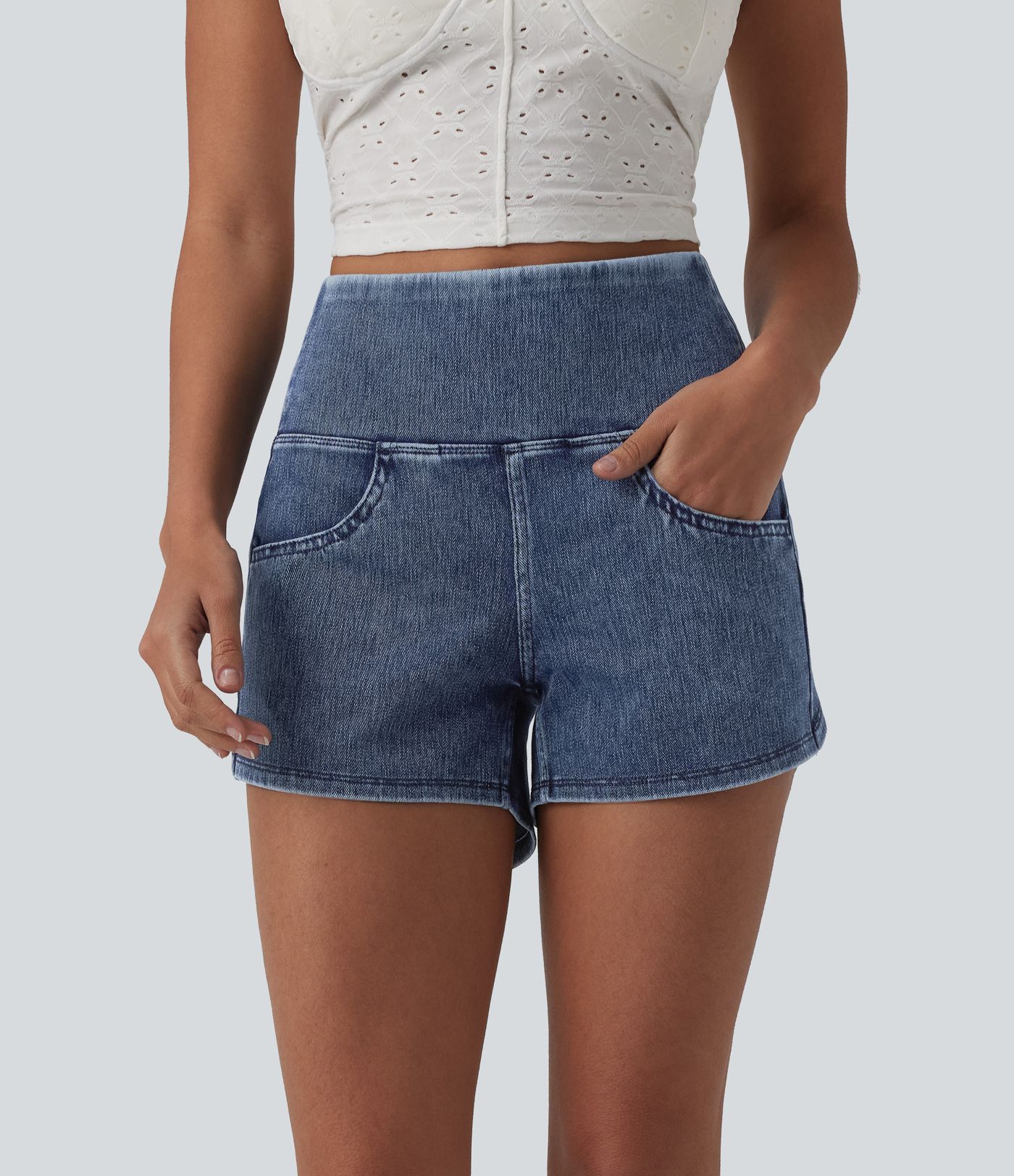 Halara Flex™ High Waisted Tummy Control Curved Hem Skinny Denim Casual Shorts with Pockets